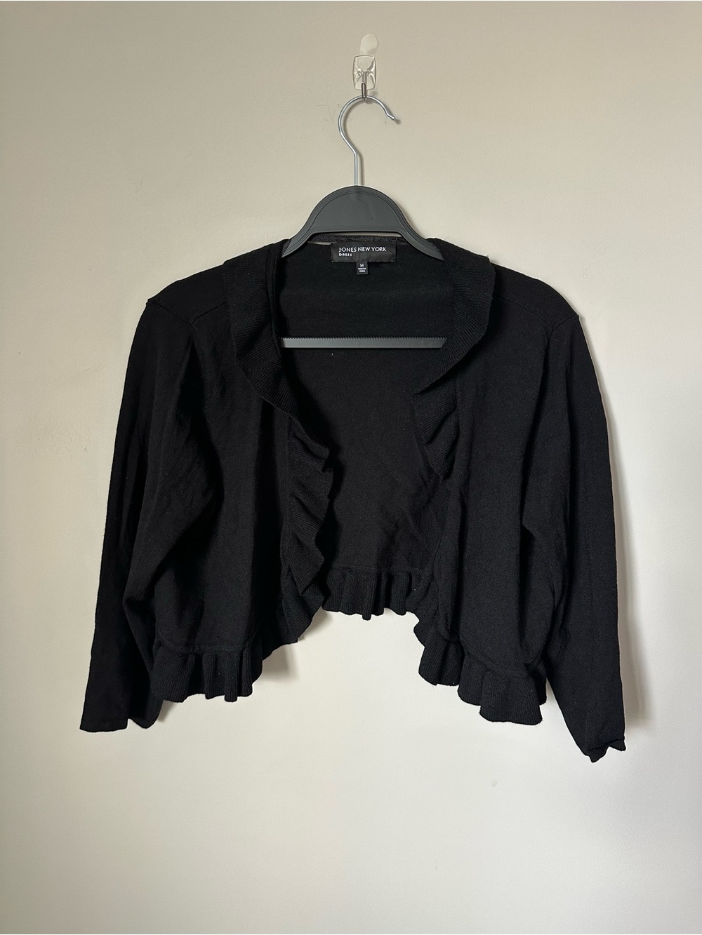 Jones New York Black Ruffle-Trim Cropped Cardigan Sweater